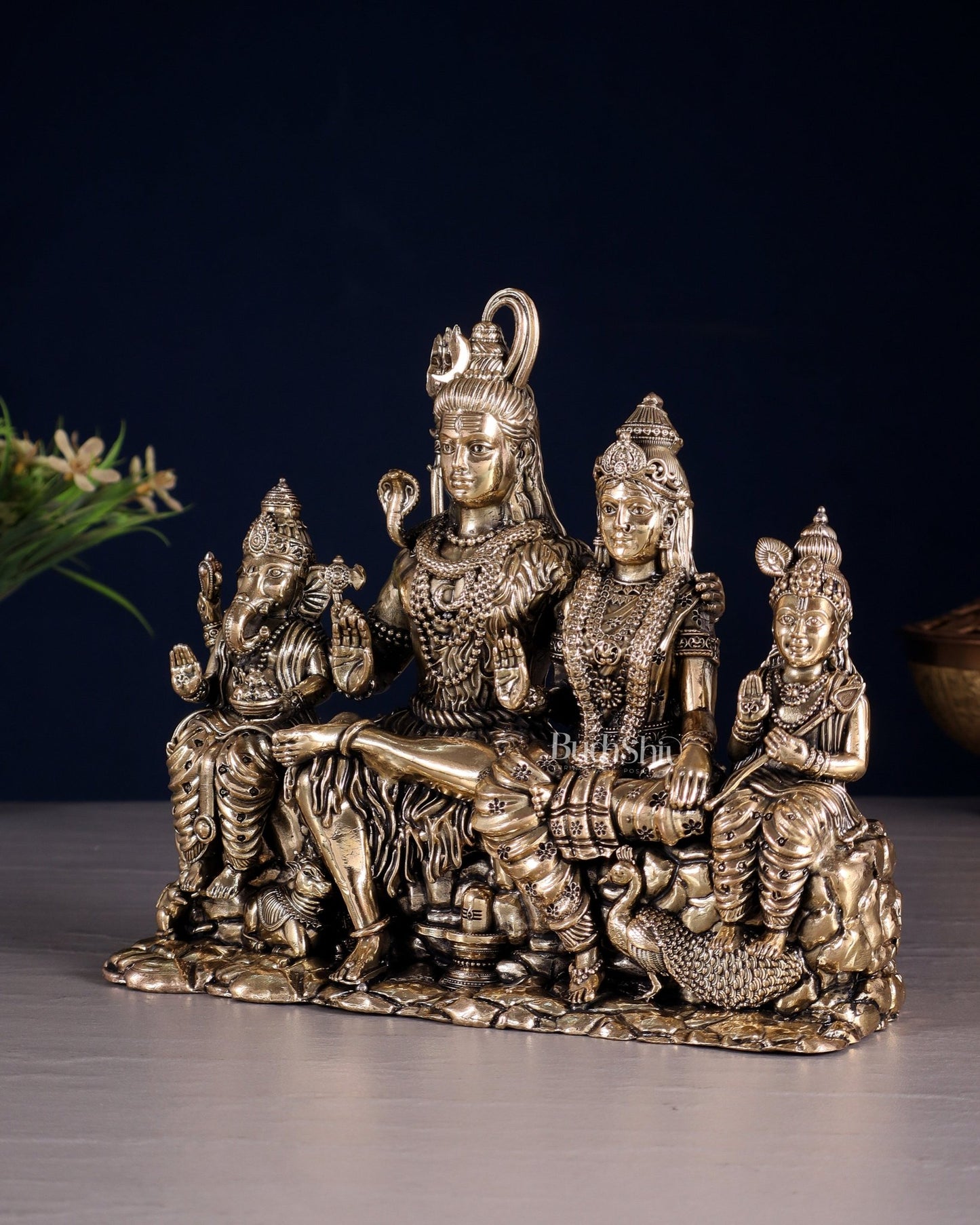 Brass Superfine Intricate Large Shiva Parivar Idol with Nandi, Peacock, Shivling & Mouse 7" - Budhshiv.com