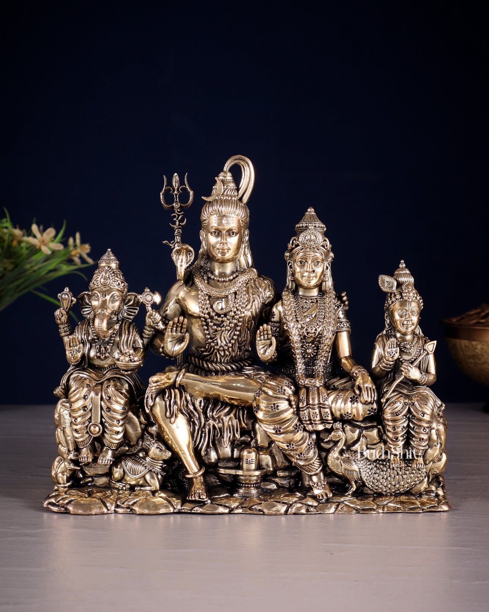Brass Superfine Intricate Large Shiva Parivar Idol with Nandi, Peacock, Shivling & Mouse 7" - Budhshiv.com