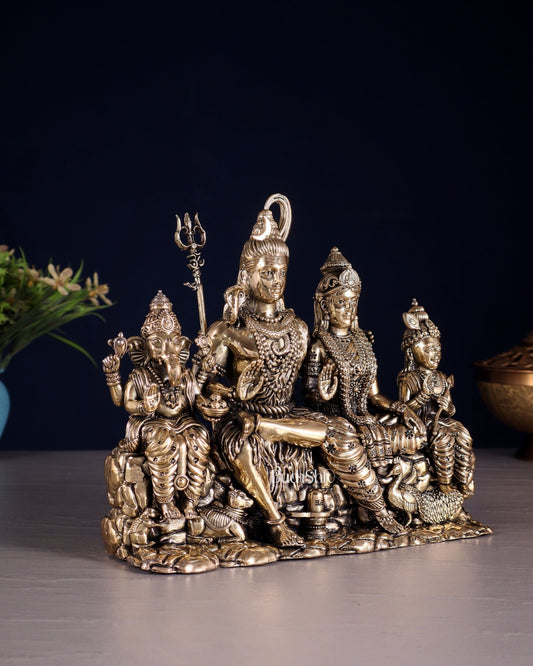 Brass Superfine Intricate Large Shiva Parivar Idol with Nandi, Peacock, Shivling & Mouse 7" - Budhshiv.com