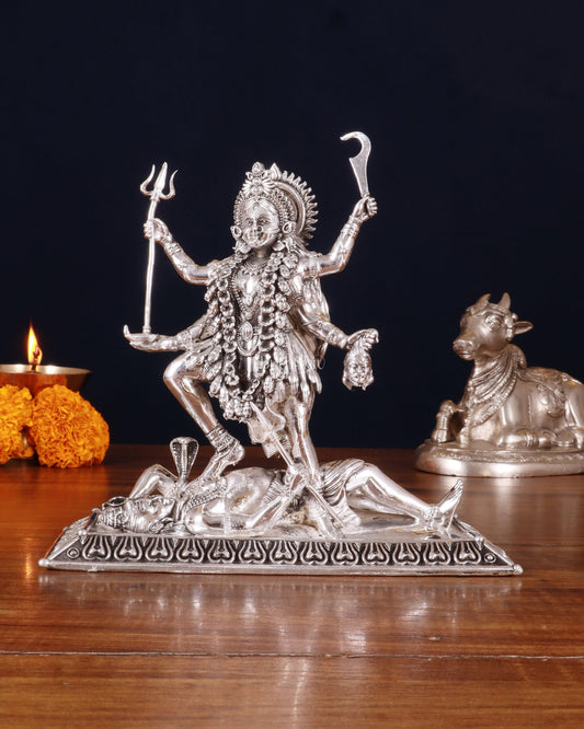 Brass Superfine Intricate Mahakali Idol | 6.5" silver plated - Budhshiv.com