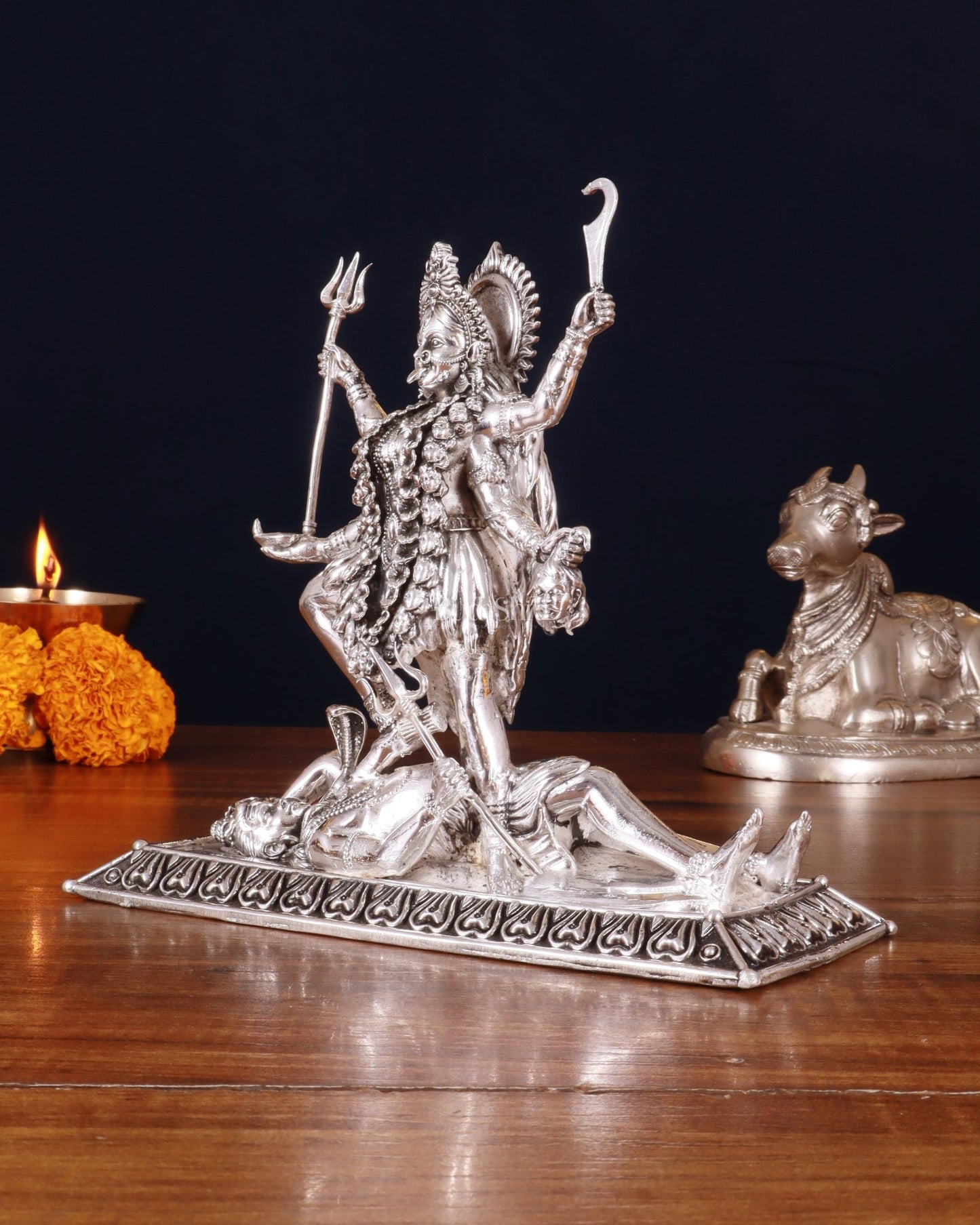 Brass Superfine Intricate Mahakali Idol | 6.5" silver plated - Budhshiv.com