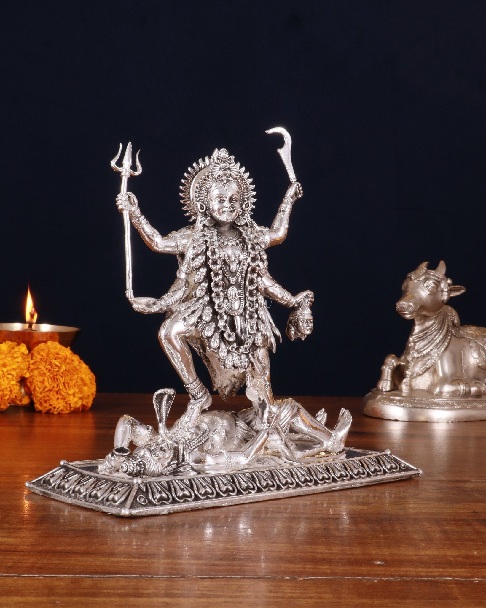 Brass Superfine Intricate Mahakali Idol | 6.5" silver plated - Budhshiv.com