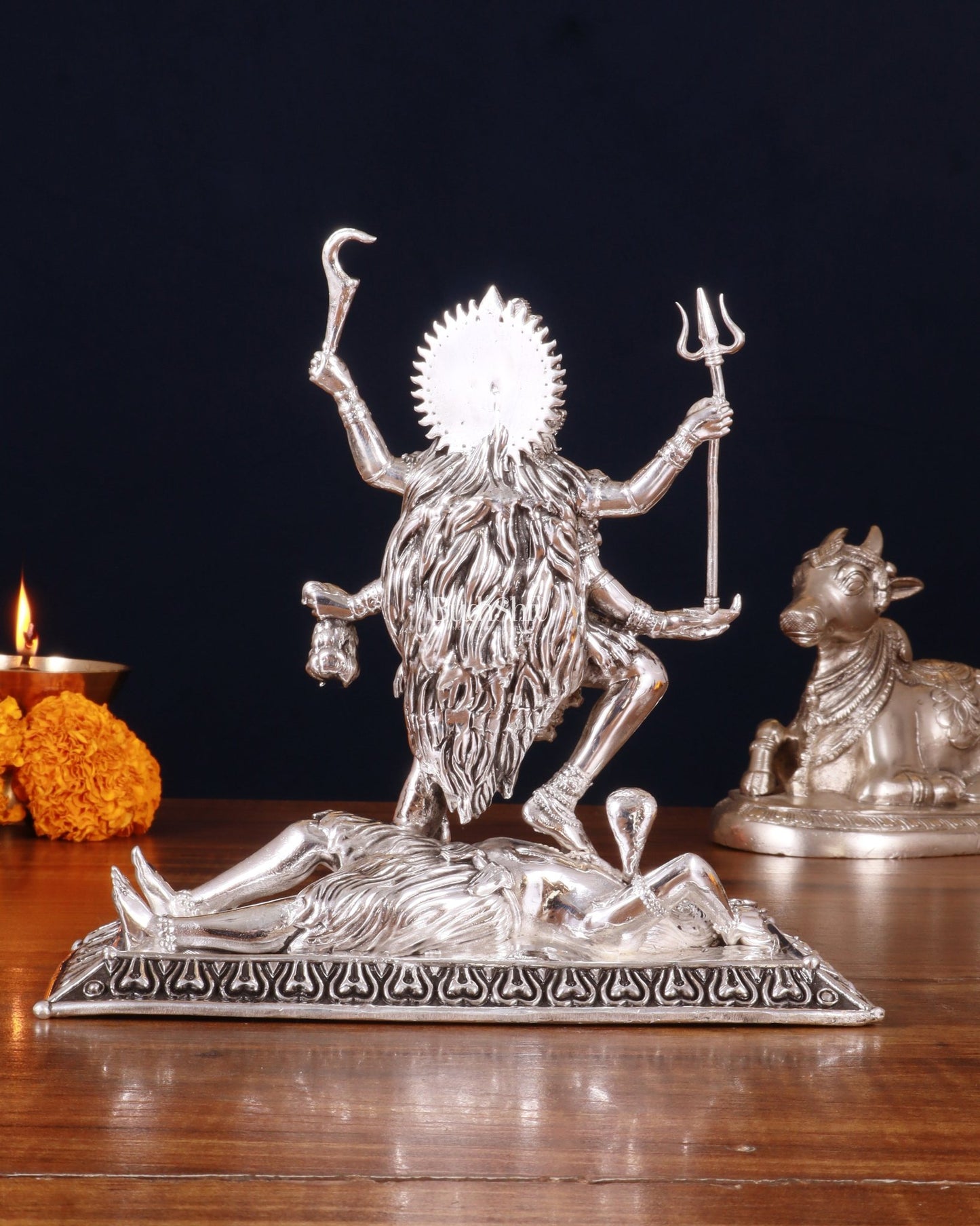 Brass Superfine Intricate Mahakali Idol | 6.5" silver plated - Budhshiv.com