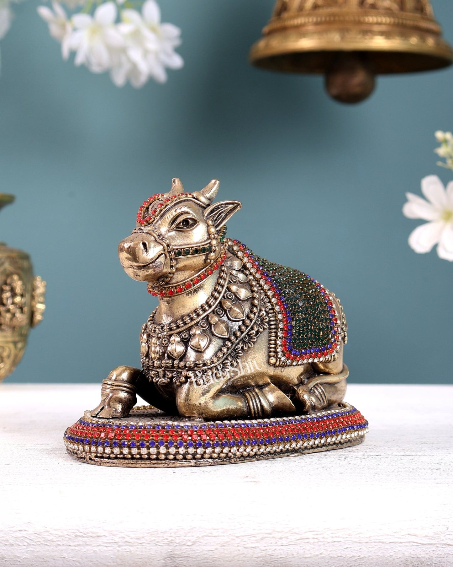 Brass Superfine Intricate Nandi Idol with Jewellery work | Two Sizes Available - Budhshiv.com
