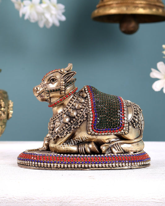 Brass Superfine Intricate Nandi Idol with Jewellery work | Two Sizes Available - Budhshiv.com