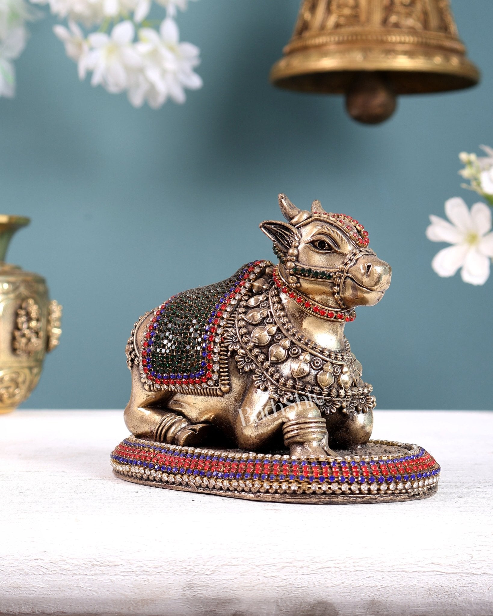 Brass Superfine Intricate Nandi Idol with Jewellery work | Two Sizes Available - Budhshiv.com