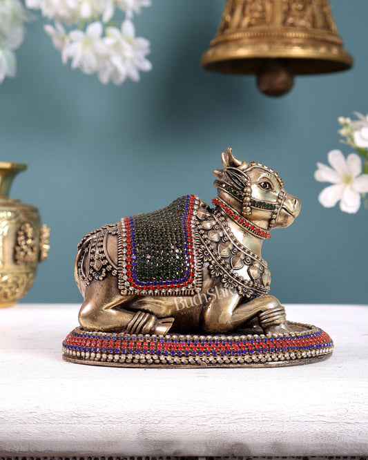 Brass Superfine Intricate Nandi Idol with Jewellery work | Two Sizes Available - Budhshiv.com
