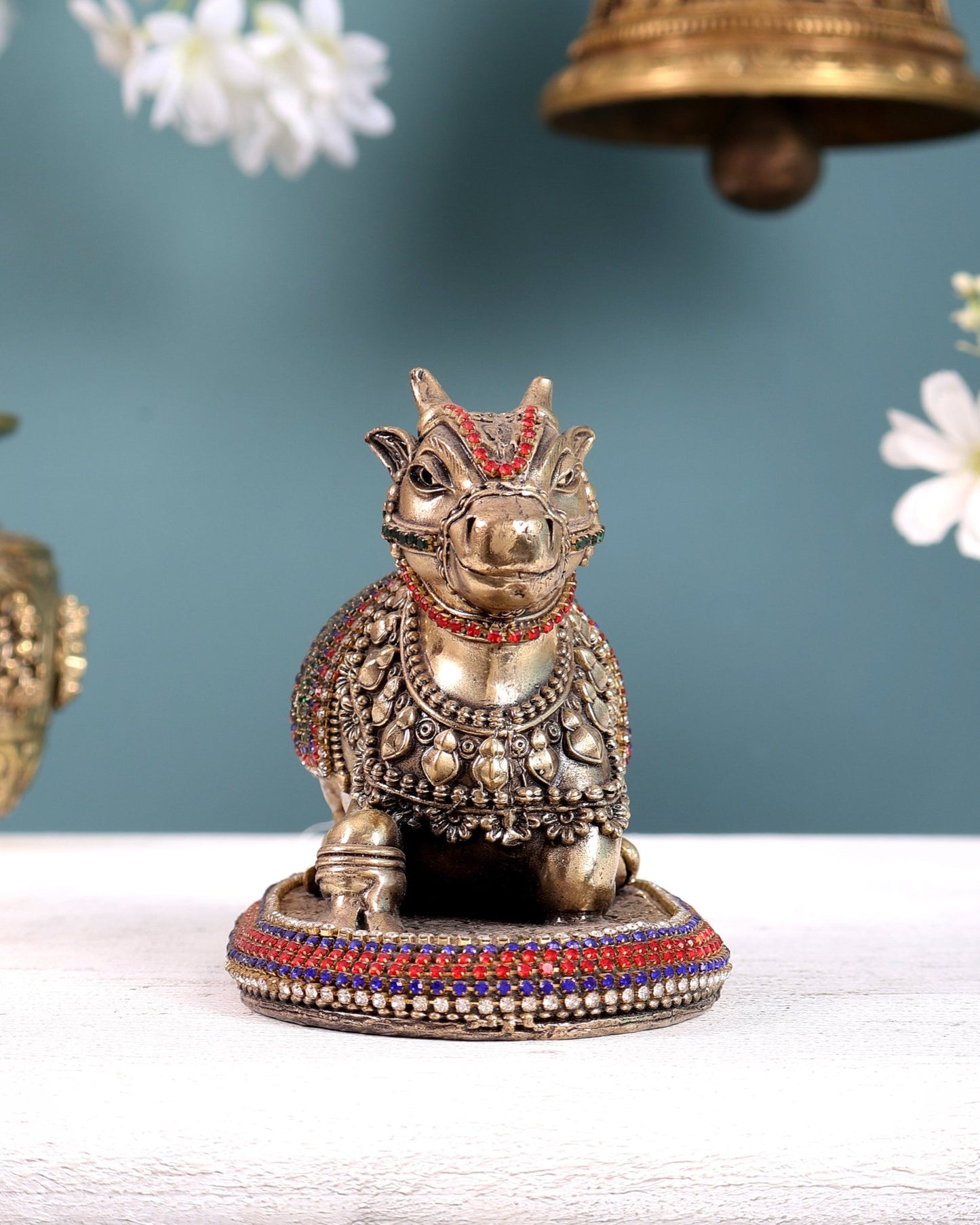 Brass Superfine Intricate Nandi Idol with Jewellery work | Two Sizes Available - Budhshiv.com