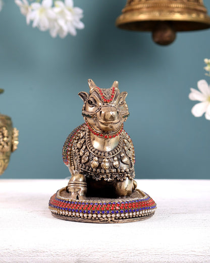 Brass Superfine Intricate Nandi Idol with Jewellery work | Two Sizes Available - Budhshiv.com