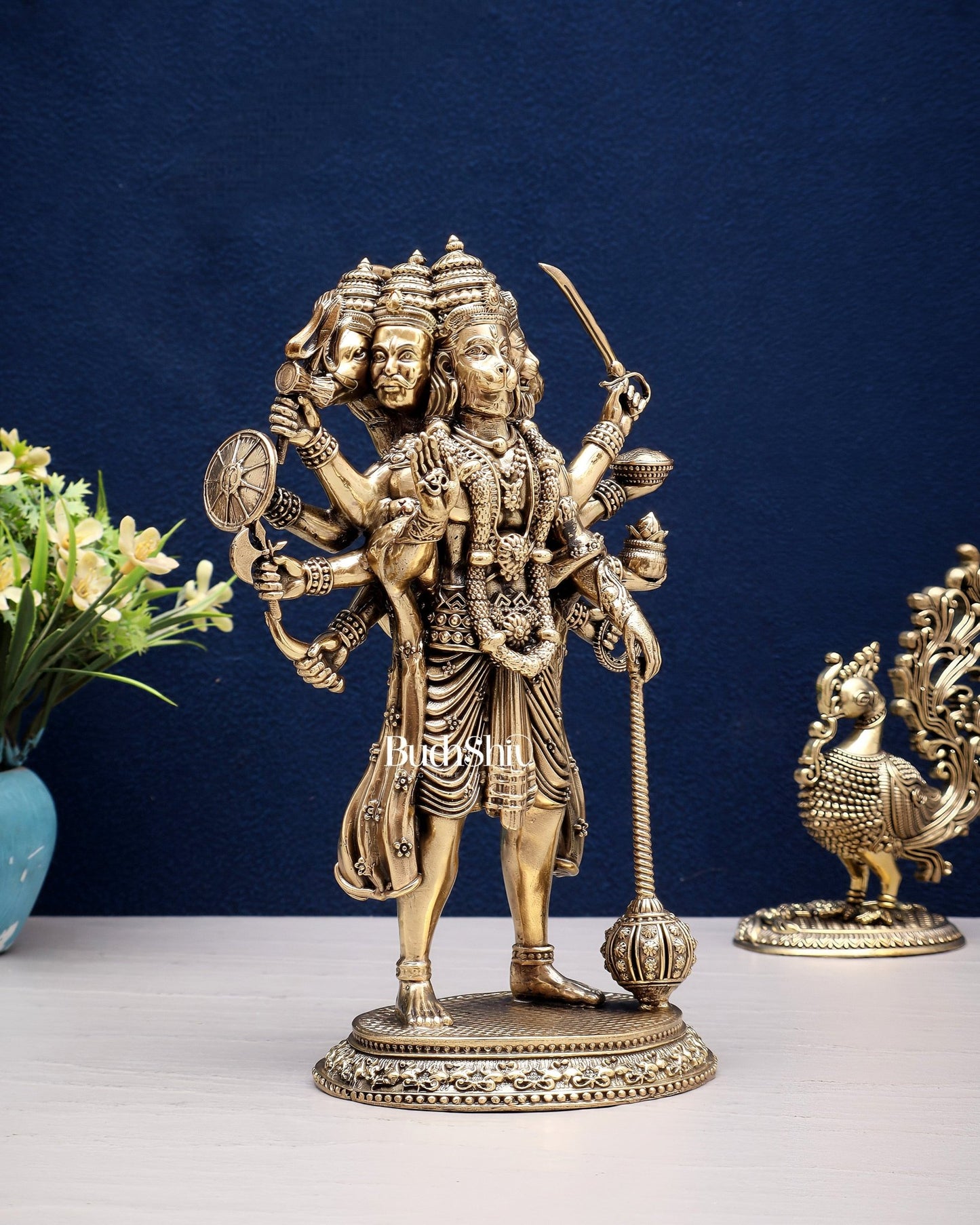 Brass Superfine Intricate Standing Panchmukhi Hanuman Idol 8" - Budhshiv.com
