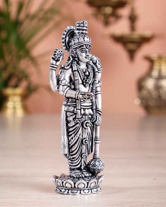 Brass Superfine Intricate Vishnu Narayana Idol - 4" silver plated - Budhshiv.com