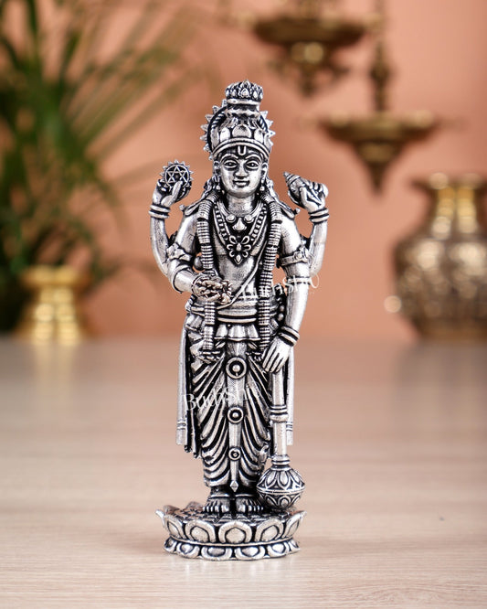 Brass Superfine Intricate Vishnu Narayana Idol - 4" silver plated - Budhshiv.com