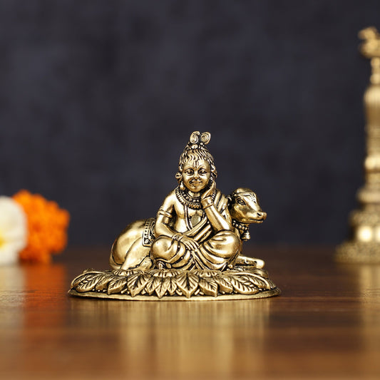 Brass Superfine Intricately Carved Bal Gopal Shri Krishna with Cow Idol - Budhshiv.com