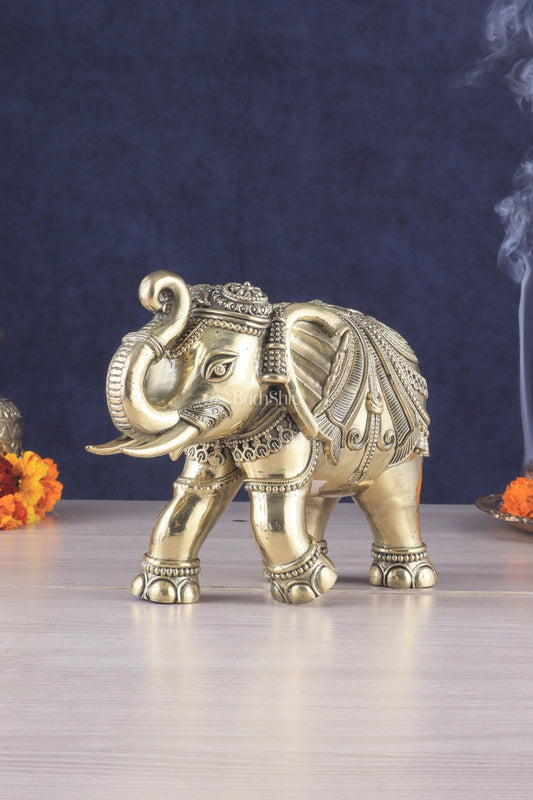 Brass Superfine Intricately Carved Elephant Statue 10" wide - Budhshiv.com