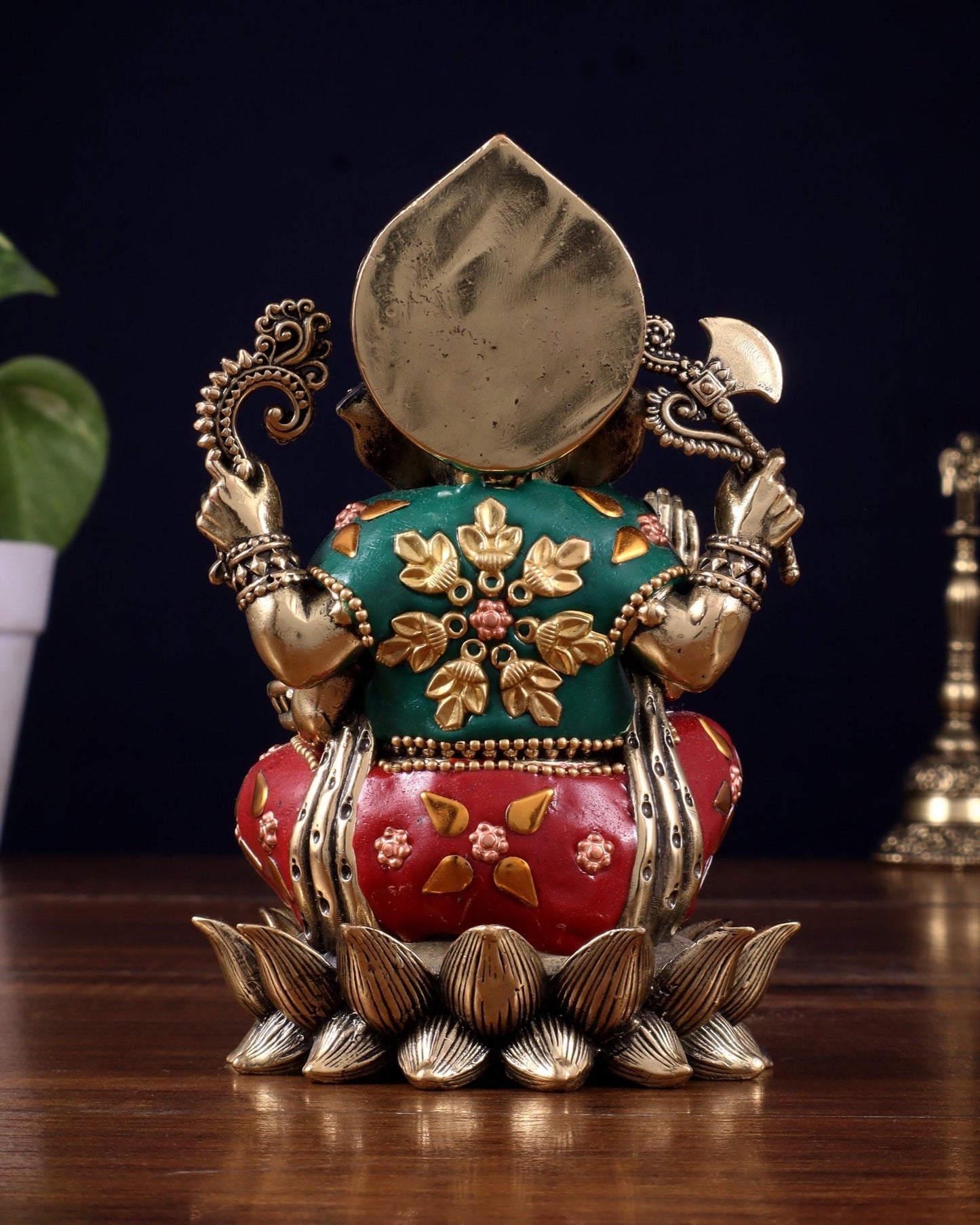Brass Superfine Intricately Carved Small Right trunk Ganesha Idol with meenakari Stonework - 5" Tall - Budhshiv.com