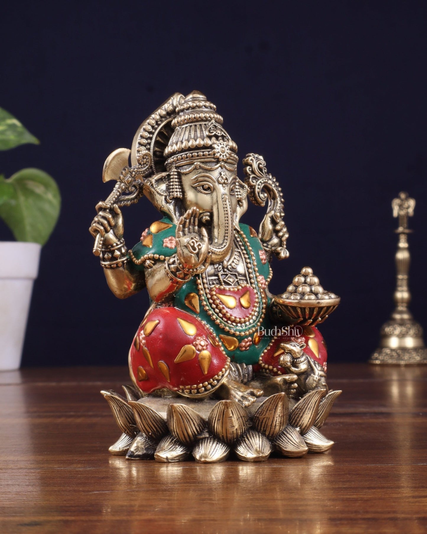 Brass Superfine Intricately Carved Small Right trunk Ganesha Idol with meenakari Stonework - 5" Tall - Budhshiv.com