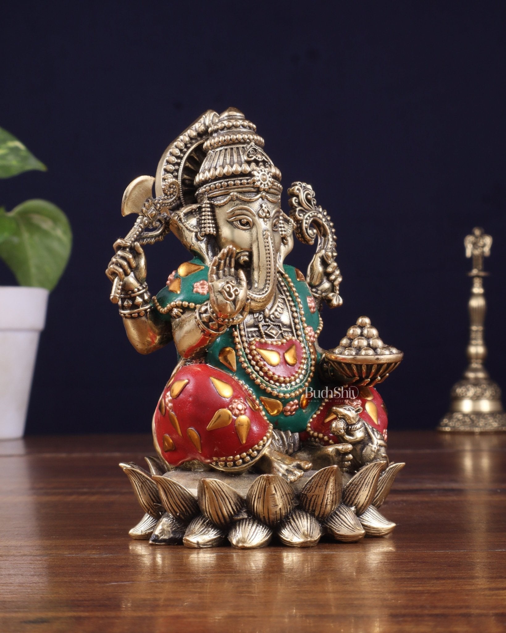 Brass Superfine Intricately Carved Small Right trunk Ganesha Idol with meenakari Stonework - 5" Tall - Budhshiv.com