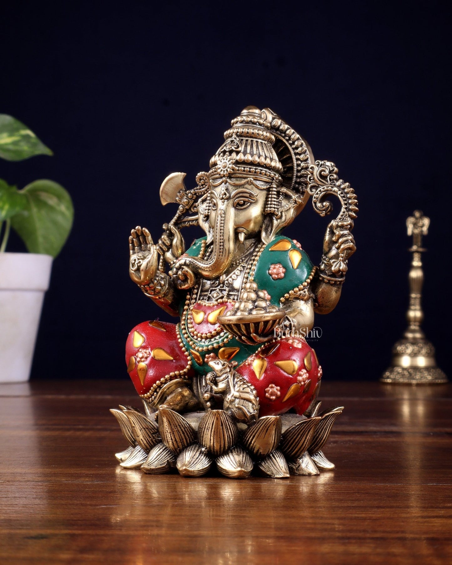 Brass Superfine Intricately Carved Small Right trunk Ganesha Idol with meenakari Stonework - 5" Tall - Budhshiv.com