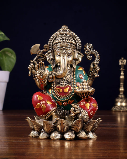 Brass Superfine Intricately Carved Small Right trunk Ganesha Idol with meenakari Stonework - 5" Tall - Budhshiv.com