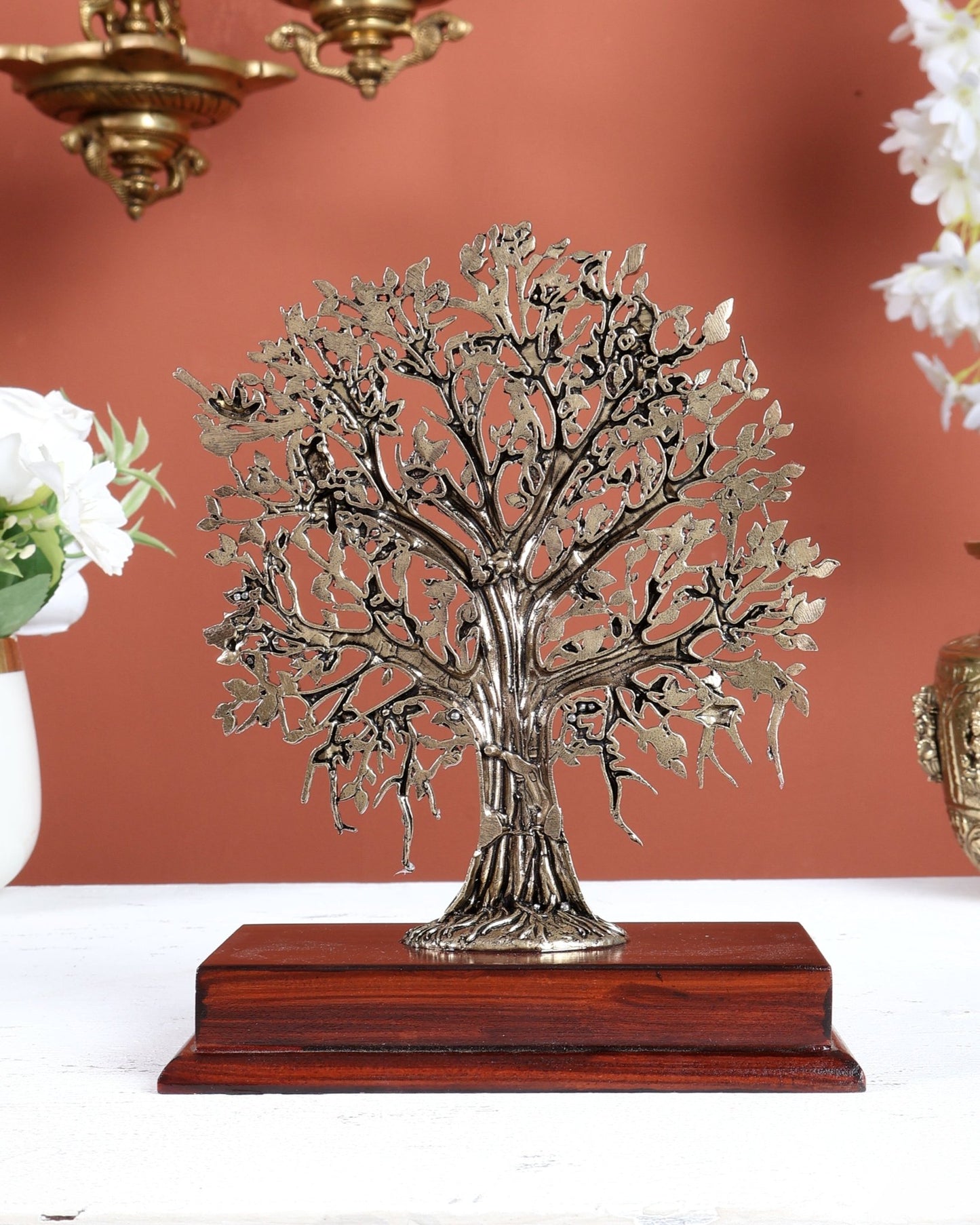 Brass Superfine Kalpavriksha Tree on Wooden Base – 7.5 Inch - Budhshiv.com