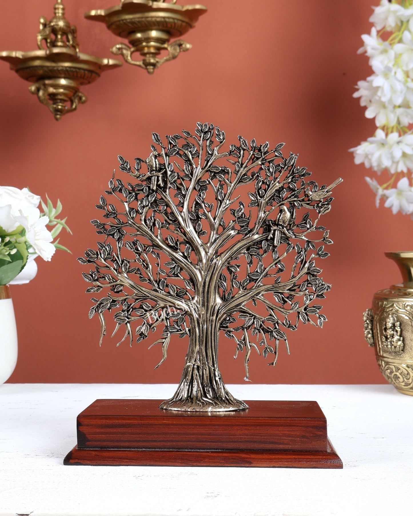 Brass Superfine Kalpavriksha Tree on Wooden Base – 7.5 Inch - Budhshiv.com