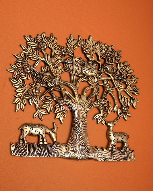 Brass Superfine Kalpavriksha Tree Wall Hanging with Birds & Deer - Budhshiv.com