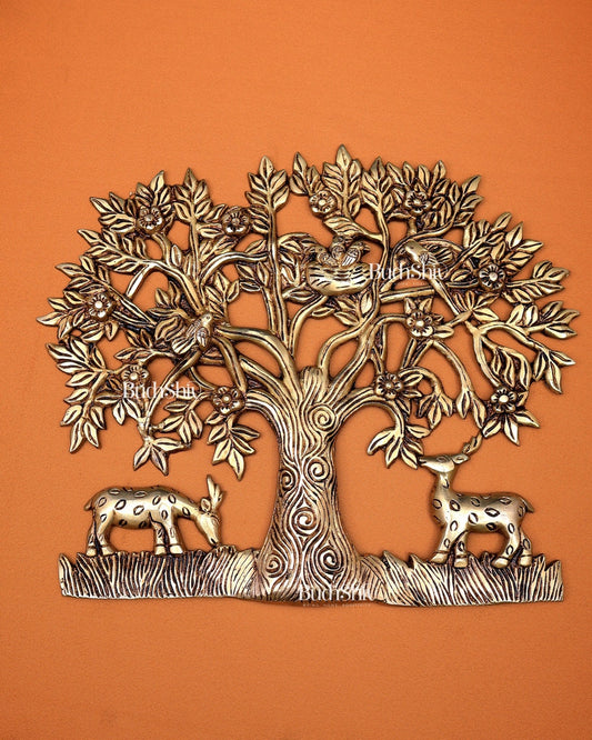 Brass Superfine Kalpavriksha Tree Wall Hanging with Birds & Deer - Budhshiv.com