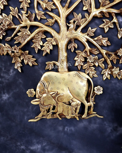 Brass Superfine Kalpavriksha Tree with Kamadhenu Cow, Calf, Birds and Squirrel — Auspicious Wall Décor 20 inch - Budhshiv.com