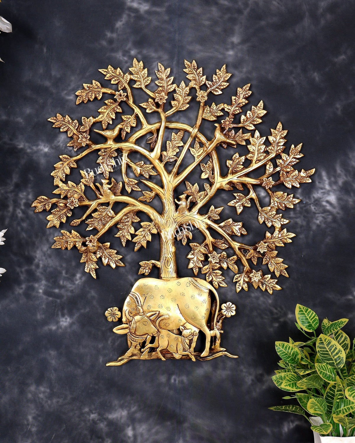 Brass Superfine Kalpavriksha Tree with Kamadhenu Cow, Calf, Birds and Squirrel — Auspicious Wall Décor 20 inch - Budhshiv.com