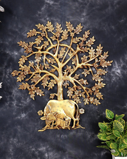 Brass Superfine Kalpavriksha Tree with Kamadhenu Cow, Calf, Birds and Squirrel — Auspicious Wall Décor 20 inch - Budhshiv.com