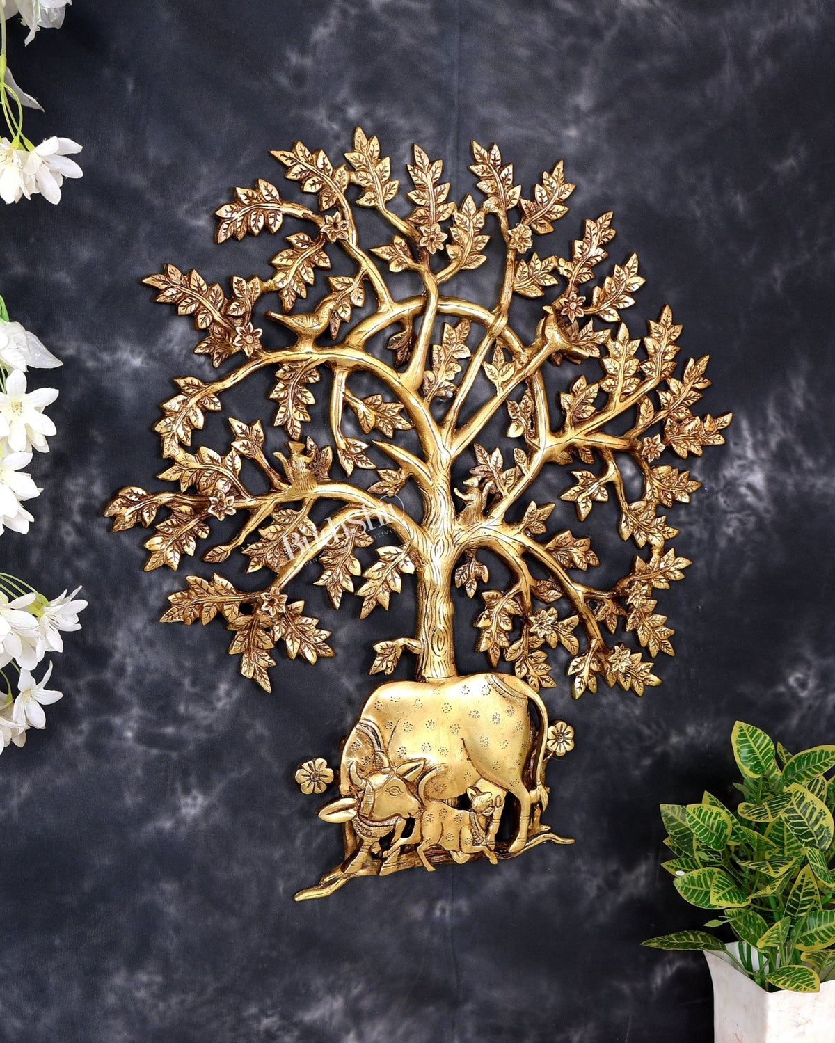 Brass Superfine Kalpavriksha Tree with Kamadhenu Cow, Calf, Birds and Squirrel — Auspicious Wall Décor 20 inch - Budhshiv.com