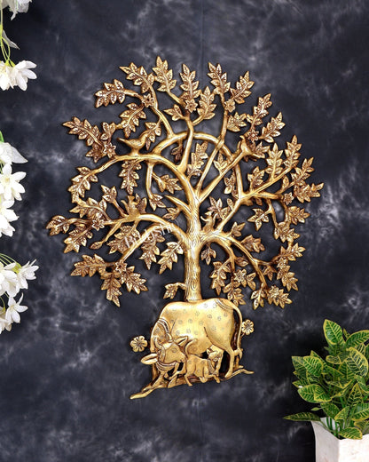 Brass Superfine Kalpavriksha Tree with Kamadhenu Cow, Calf, Birds and Squirrel — Auspicious Wall Décor 20 inch - Budhshiv.com