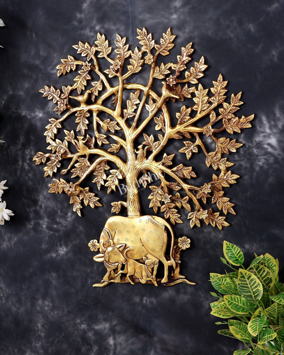 Brass Superfine Kalpavriksha Tree with Kamadhenu Cow, Calf, Birds and Squirrel — Auspicious Wall Décor 20 inch - Budhshiv.com
