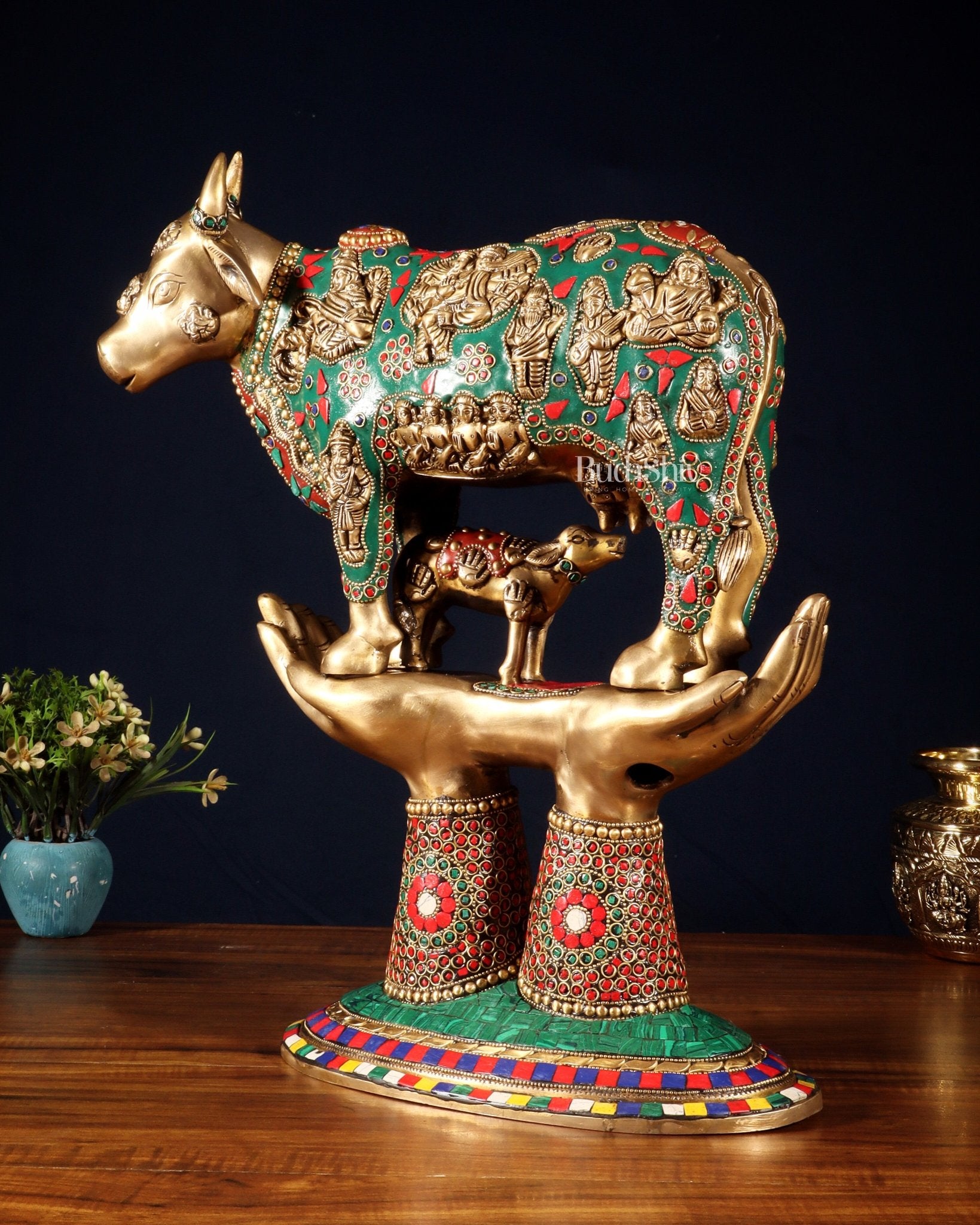 Brass Superfine Kamadhenu Cow with Calf Idol large 18" meenakari - Budhshiv.com