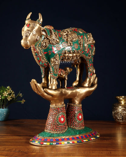 Brass Superfine Kamadhenu Cow with Calf Idol large 18" meenakari - Budhshiv.com
