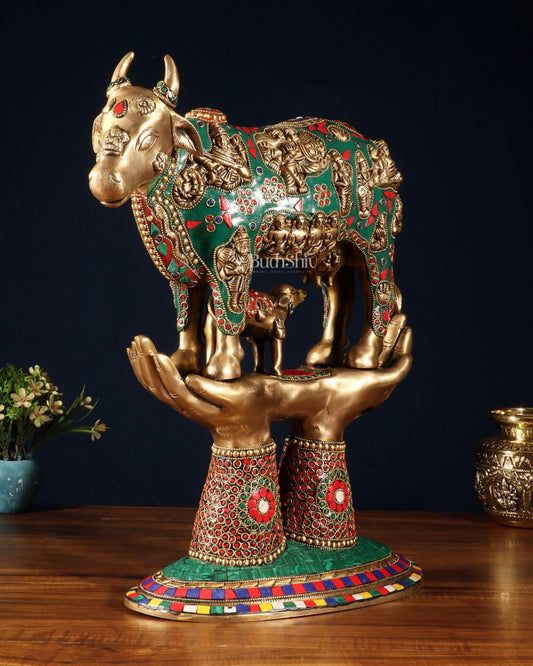 Brass Superfine Kamadhenu Cow with Calf Idol large 18" meenakari - Budhshiv.com