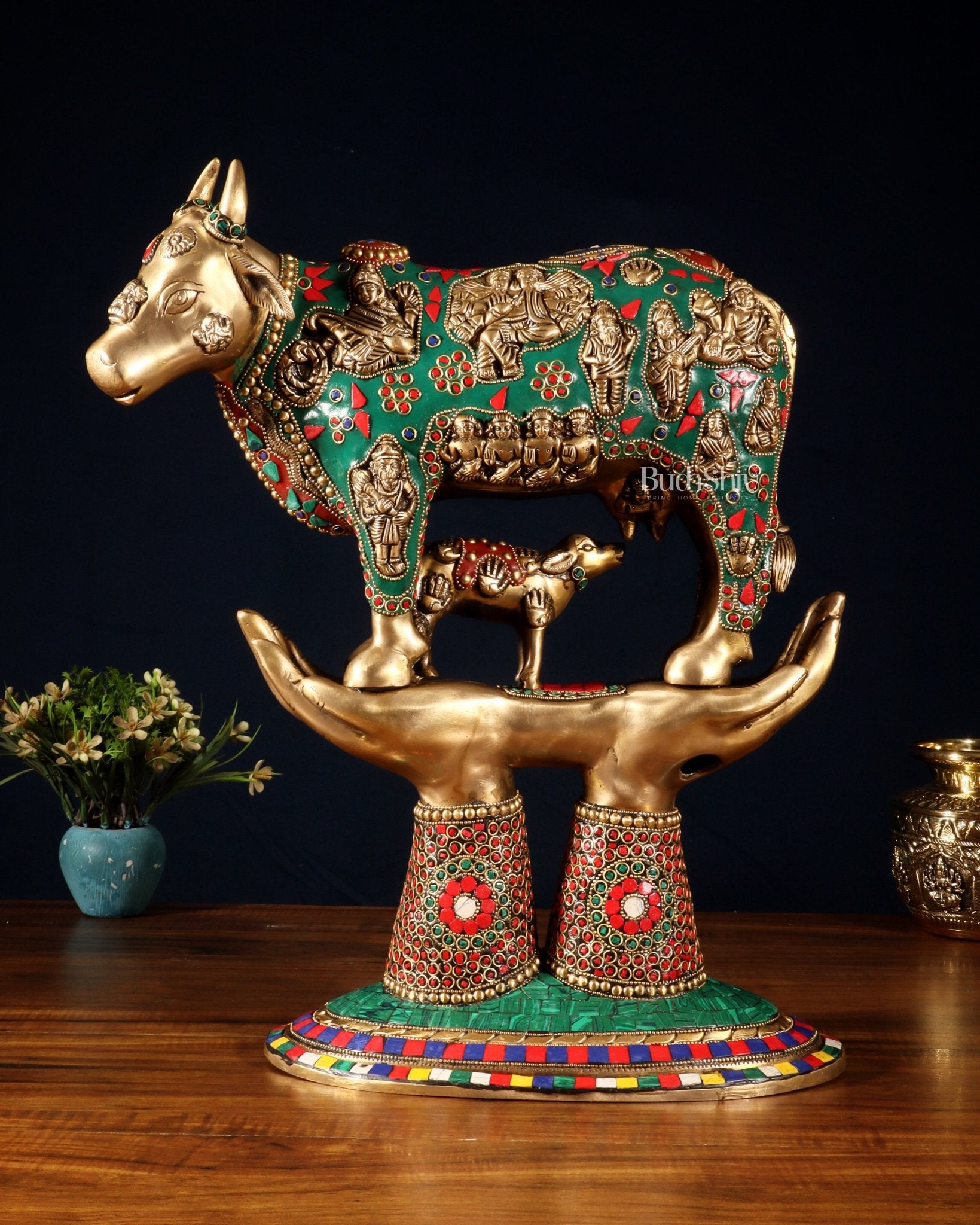 Brass Superfine Kamadhenu Cow with Calf Idol large 18" meenakari - Budhshiv.com