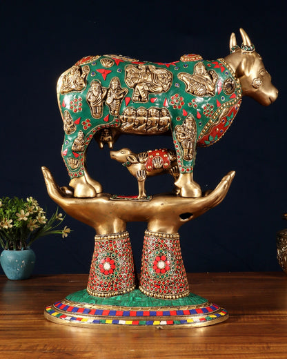 Brass Superfine Kamadhenu Cow with Calf Idol large 18" meenakari - Budhshiv.com