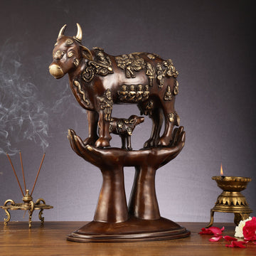 Brass Superfine Kamadhenu Cow with Calf Idol large 18" - Budhshiv.com
