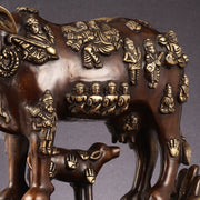 Brass Superfine Kamadhenu Cow with Calf Idol large 18" - Budhshiv.com