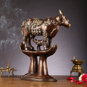 Brass Superfine Kamadhenu Cow with Calf Idol large 18" - Budhshiv.com
