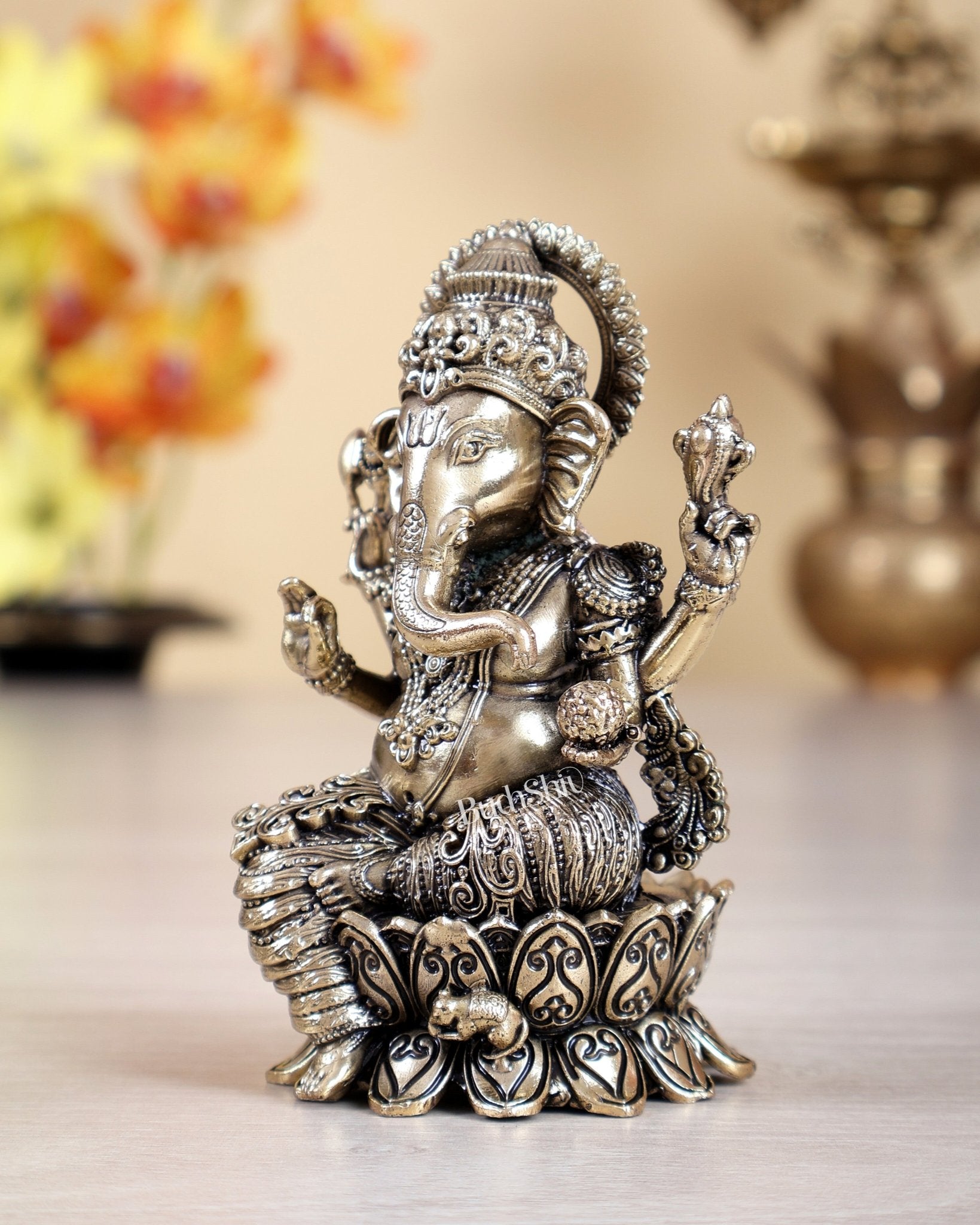 Brass superfine kamal ganesha Intricate idol 4 inch - Budhshiv.com