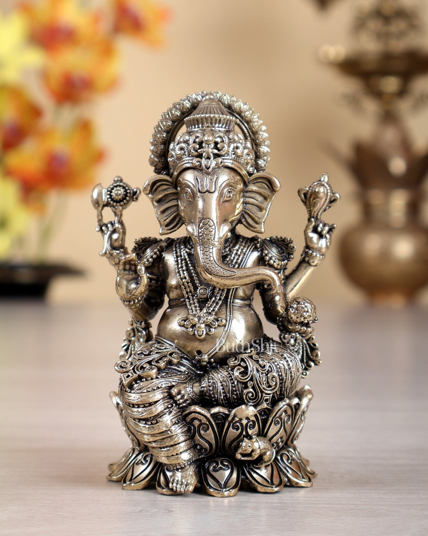 Brass superfine kamal ganesha Intricate idol 4 inch - Budhshiv.com