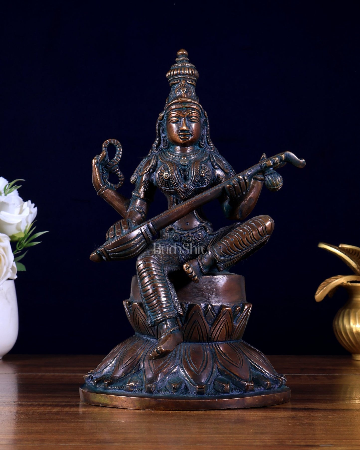 Brass Superfine Kamal Saraswati Idol - Lotus Saraswati Murti 10 Inch - Budhshiv.com