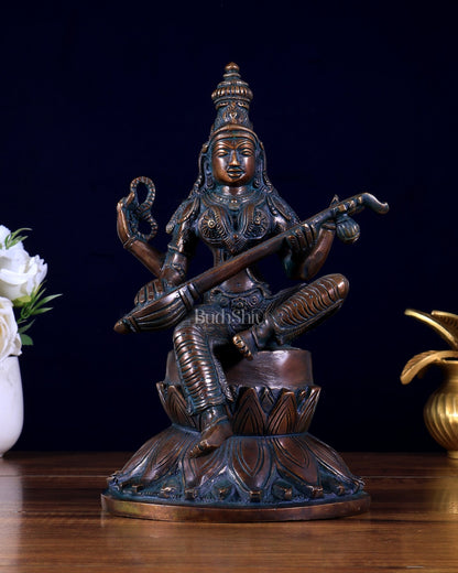 Brass Superfine Kamal Saraswati Idol - Lotus Saraswati Murti 10 Inch - Budhshiv.com