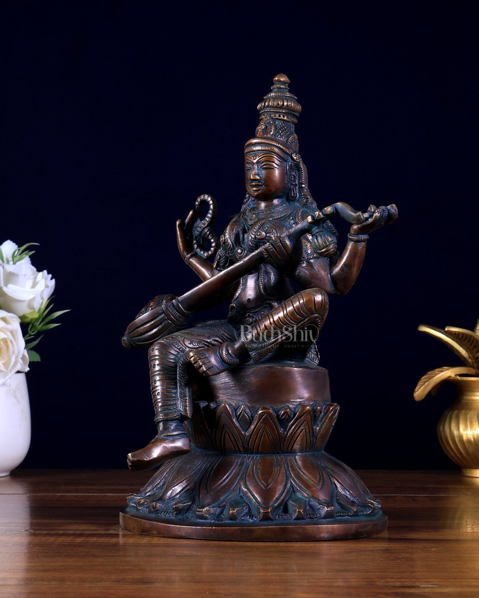 Brass Superfine Kamal Saraswati Idol - Lotus Saraswati Murti 10 Inch - Budhshiv.com