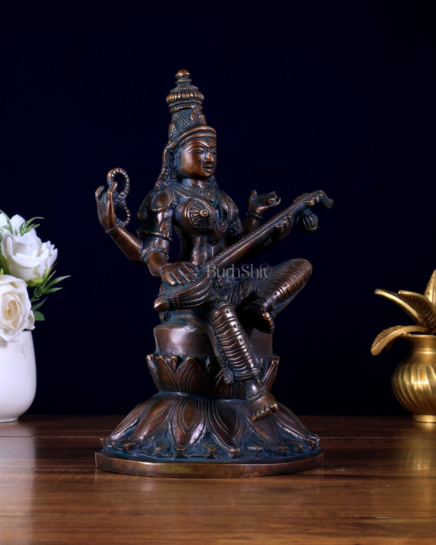 Brass Superfine Kamal Saraswati Idol - Lotus Saraswati Murti 10 Inch - Budhshiv.com