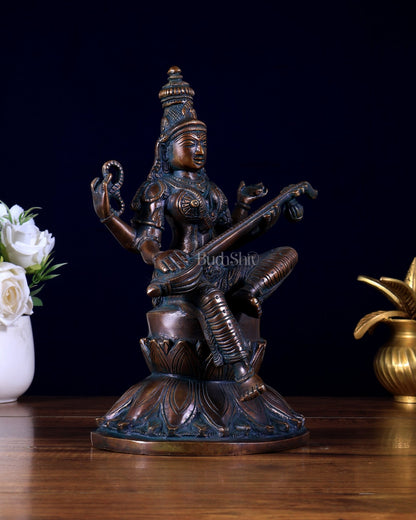 Brass Superfine Kamal Saraswati Idol - Lotus Saraswati Murti 10 Inch - Budhshiv.com