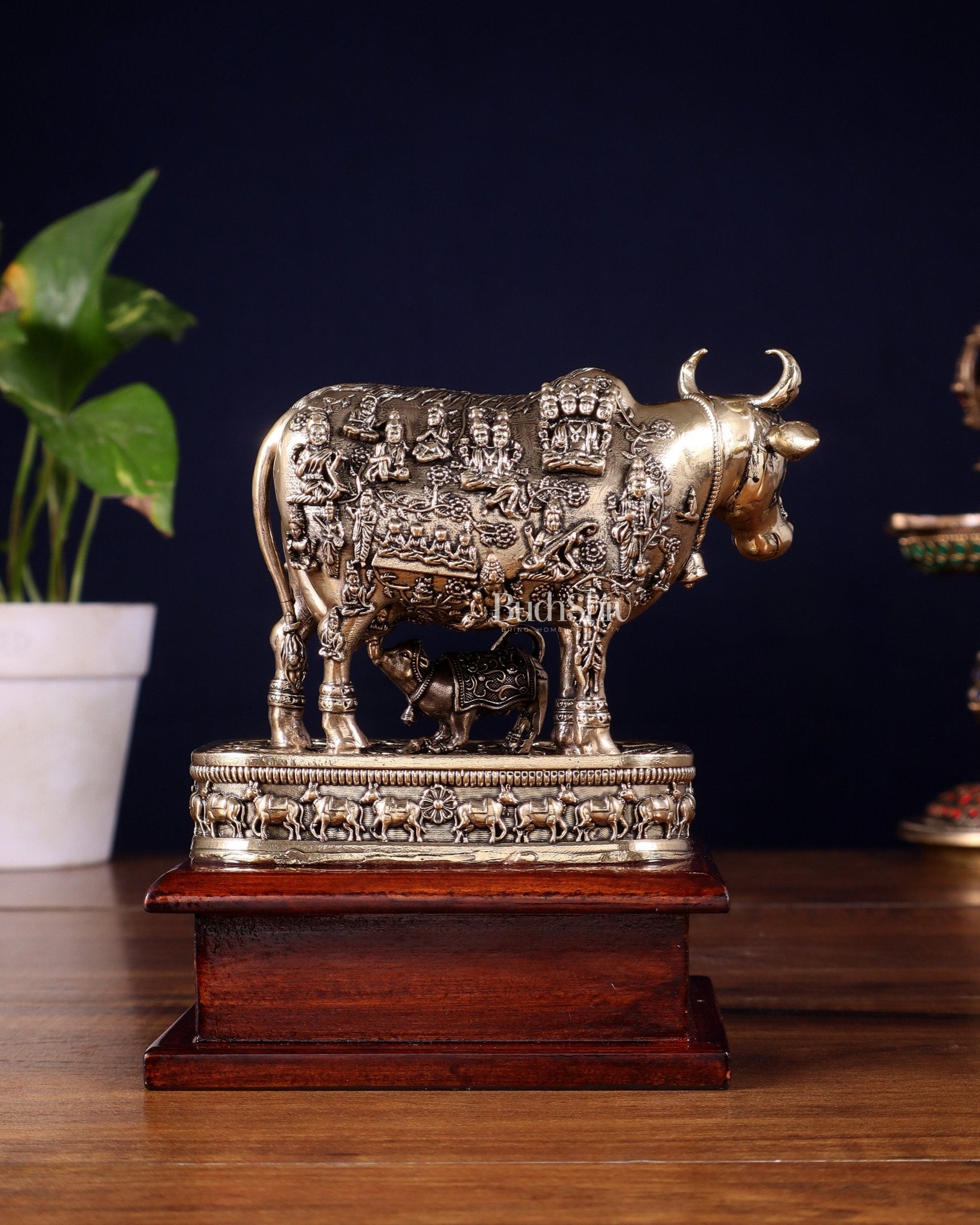 Brass Superfine Kamdhenu Cow with Calf – All Gods Engraved on Wooden Base (8.5 Inch) - Budhshiv.com