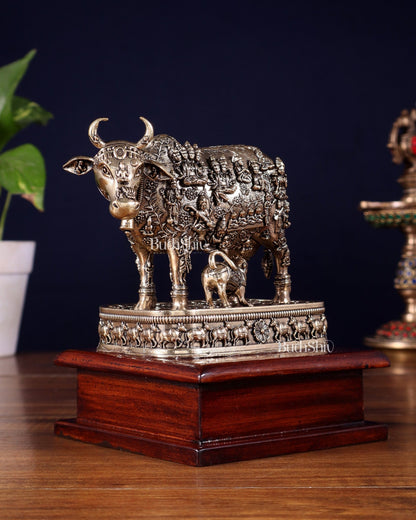 Brass Superfine Kamdhenu Cow with Calf – All Gods Engraved on Wooden Base (8.5 Inch) - Budhshiv.com